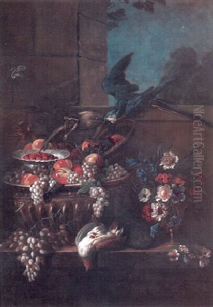 A Still Life With Fruit In An Urn And Flowers In A Vase On A Ledge With Monkey And A Parrot Perched On A Sill Above - view 1