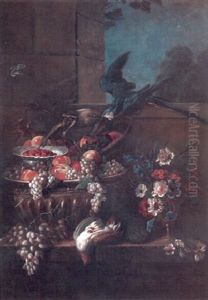 A Still Life With Fruit In An Urn And Flowers In A Vase On A Ledge With Monkey And A Parrot Perched On A Sill Above by Pierre Nicolas Huilliot
