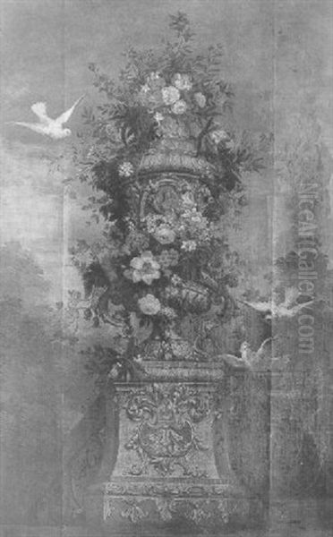 Vasque Sculptee Decoree De Fleurs Dans Un Parc - view 1
