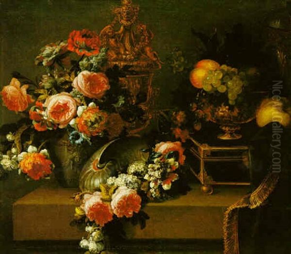 Still Life Of Flowers In An Urn On A Stone Ledge - view 1