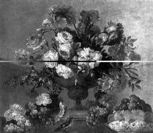Bouquet De Fleurs Dans Un Vase En Bronze Et Coupe De Fruits Sur Un Entablement by Pierre Nicolas Huilliot