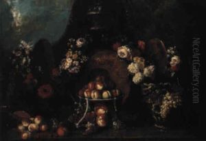 Nature Morte Aux Peches, Guirlande De Fleurs Et Pieces D'orfevrerie