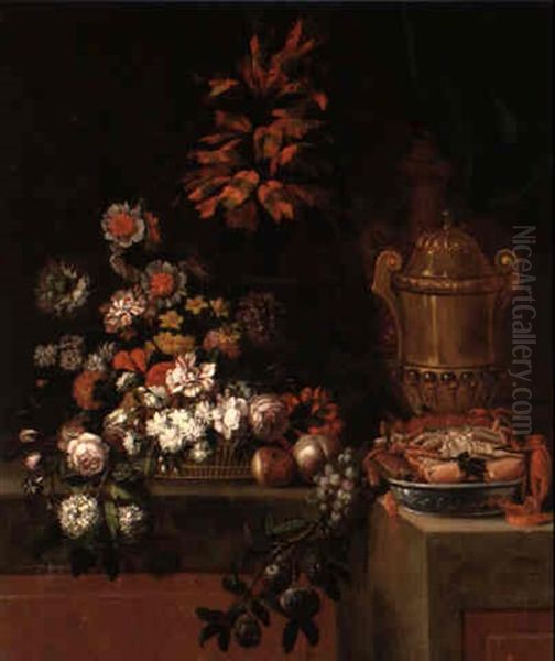 Stilleben Von Blumen, Fruchten Und Steinvasen - view 1
