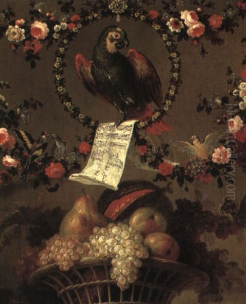 Still Life Of A Parrot Clutching A Music Score Perched Within A Hoop. . . - view 1