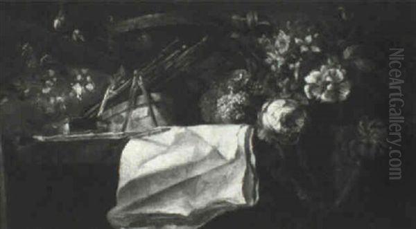 Still Life With Flowers, A Palette And Brushes On A Table - view 1
