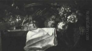 Still Life With Flowers, A Palette And Brushes On A Table by Pierre Nicolas Huilliot