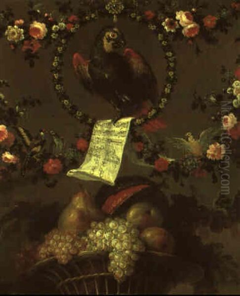 Still Life With Parrot Clutching Music Score Withing A Hoop Of Flowers - view 1