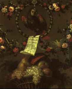 Still Life With Parrot Clutching Music Score Withing A Hoop Of Flowers by Pierre Nicolas Huilliot