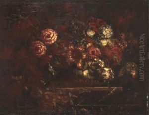 Vase De Fleurs Sur Un Entablement: Tulipes, Pivoines,       Chardons Et Boules De Neige
