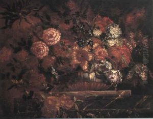 Vase De Fleurs Sur Un Entablement: Tulipes, Pivoines, Chardons Et Boules De Neige by Pierre Nicolas Huilliot