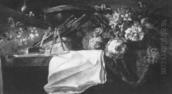 Still Life With Flowers, A Palette And Paint Brushes, Sheetsof Paper And Other Objects, All On A Table - view 1