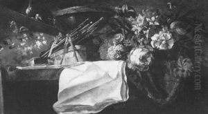 Still Life With Flowers, A Palette And Paint Brushes, Sheetsof Paper And Other Objects, All On A Table