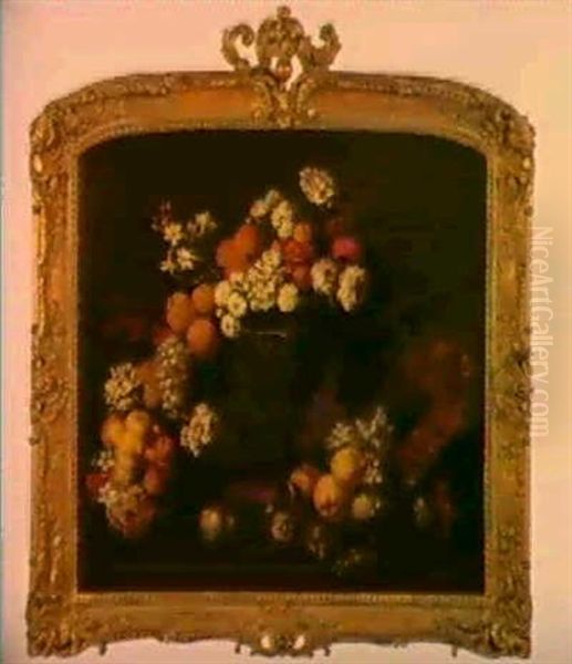 Vases De Fleurs Et Fruits Sur Un Entablement - view 1