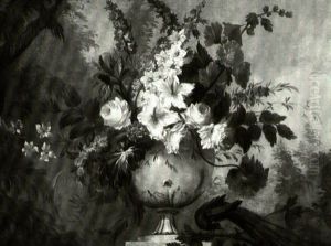 Still Life Of Flowers In An Urn With A Bird In A Garden     Setting by Pierre Nicolas Huilliot
