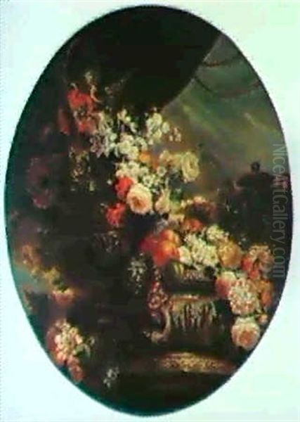 Flowers And Fruit In Elaboratesilver Urns On A Plinth Beforea Curtain - view 1