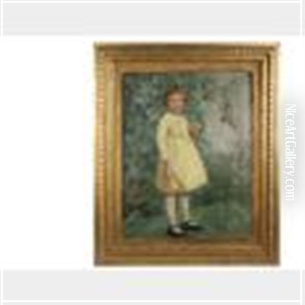 Young Red Haired Girl In A Yellow Pinafore Holding Her Tabby Kitten - view 1