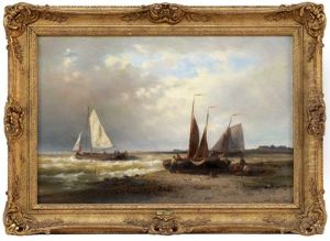 Fishing Boats Unloading Their Catch Onshore by Abraham Hulk the Elder