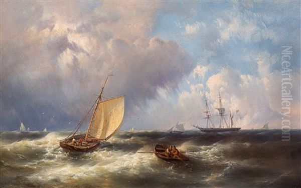 Ships With Fishermen And Figures In A Rowing Boat On The North Sea In Stormy Weather - view 1