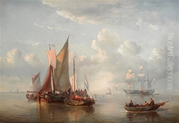 Dutch Coastal Vessels With Windmills In The Distance - view 1