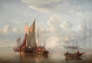 Dutch Coastal Vessels With Windmills In The Distance by Abraham Hulk the Elder