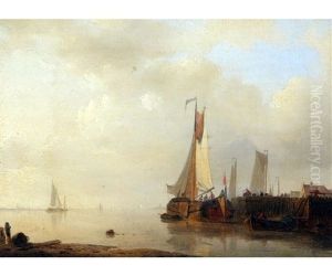Dutch Harbour With Figures And Fishing Boats by Abraham Hulk the Elder