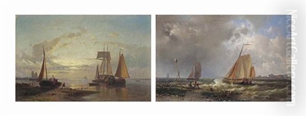 Shipping In A Stiff Breeze Off The Dutch Coast; And Ships At Sunset (pair) - view 1