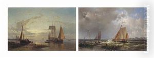 Shipping In A Stiff Breeze Off The Dutch Coast; And Ships At Sunset (pair) by Abraham Hulk the Elder