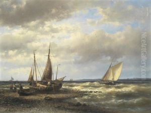 Mending The Nets Ashore On A Blustery Day by Abraham Hulk the Elder