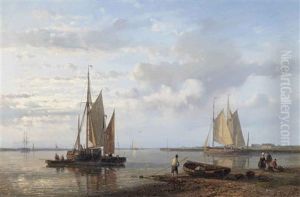 Sailing Vessels In A Tranquil Dutch Estuary by Abraham Hulk the Elder