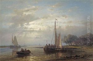 Fishing Vessels On A River At Dusk by Abraham Hulk the Elder