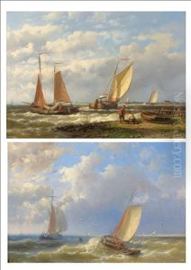 Figures And Fishing Boats In A Dutch Estuary (+ Fishing Boats In A Breeze Off A Coastline; Pair) by Abraham Hulk the Elder