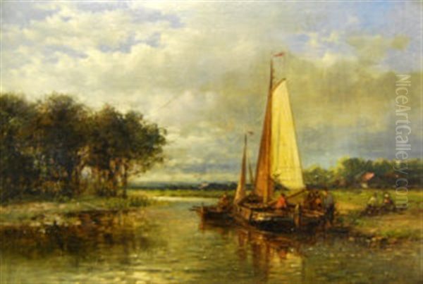 Figures On A Barge, In A Tranquil River Scene - view 1