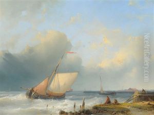Fishing Boats In A Dutch Estuary With Figures Drying Nets In The Foreground by Abraham Hulk the Elder