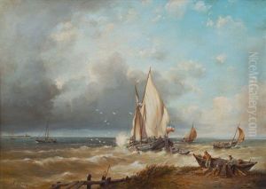 Dutch Fisherboats In The Surf by Abraham Hulk the Elder