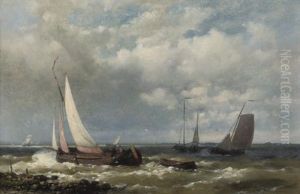 Sailing-vessels On A River Estuary (+ A Calm Harbour In Late Afternoon; Pair) by Abraham Hulk the Elder