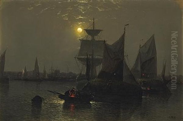Sailing Vessels In A Moonlit Harbor With Fishermen And Their Boats In The Foreground - view 1