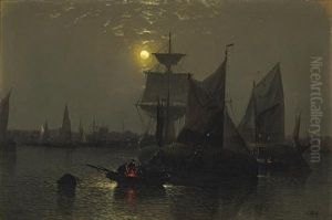 Sailing Vessels In A Moonlit Harbor With Fishermen And Their Boats In The Foreground Sailing Vessels In A Moonlit Harbor With Fishermen And Their Boats In The Foreground