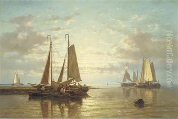A Calm: Sailing Vessels In An Estuary At Dusk - view 1