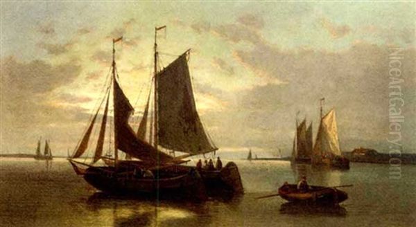 Barges On The Scheldt At Dusk - view 1