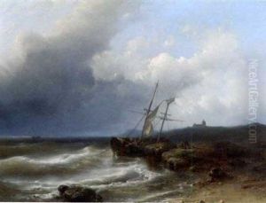 Moored Two-master Preparing For A Storm by Abraham Hulk the Elder