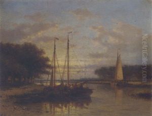 Sailing Vessels On A Calm River At Dusk Sailing Vessels On A Calm River At Dusk
