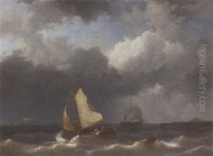 Fishermen Setting Sail Off The Harbour Mouth by Abraham Hulk the Elder