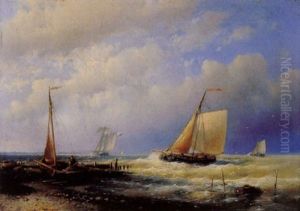 Dutch Boats Off A Breakwater With A Beached Fishing Boat by Abraham Hulk the Elder