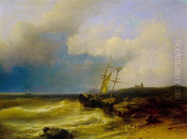 Segelschiff An Felsiger Kuste Bei Aufkommendem Sturm - view 1