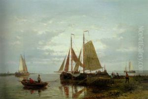 Moored Fishing Boats In A Calm With Fishing-folk On A Jetty by Abraham Hulk the Elder