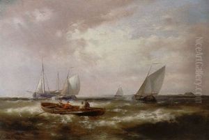 Roeiboot En Zeilschepen Voor De Kust by Abraham Hulk the Elder