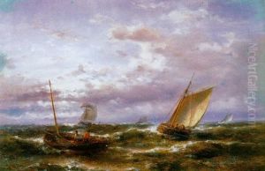 Fishermen Hauling In Nets In Choppy Seas by Abraham Hulk the Elder