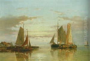 An Estuary At Dawn With Sailing Vessels At Anchor by Abraham Hulk the Elder