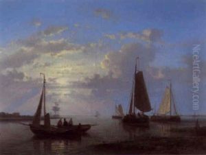 Sailing Vessels In An Estuary At Sunset by Abraham Hulk the Elder