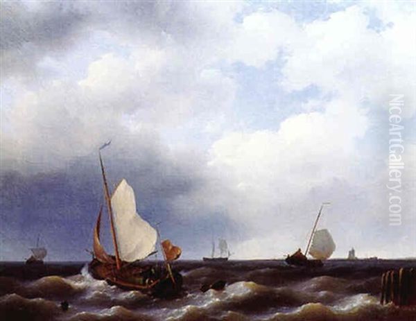 A Fishing-smack Tacking Off A Jetty, Other Shipping And A Lighthouse Beyond - view 1